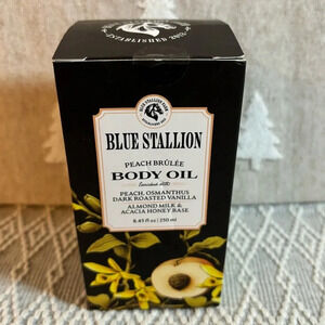 Blue Stallion Farm Peach Brûlée Body Oil. 8.45 fl oz. Sealed in box.